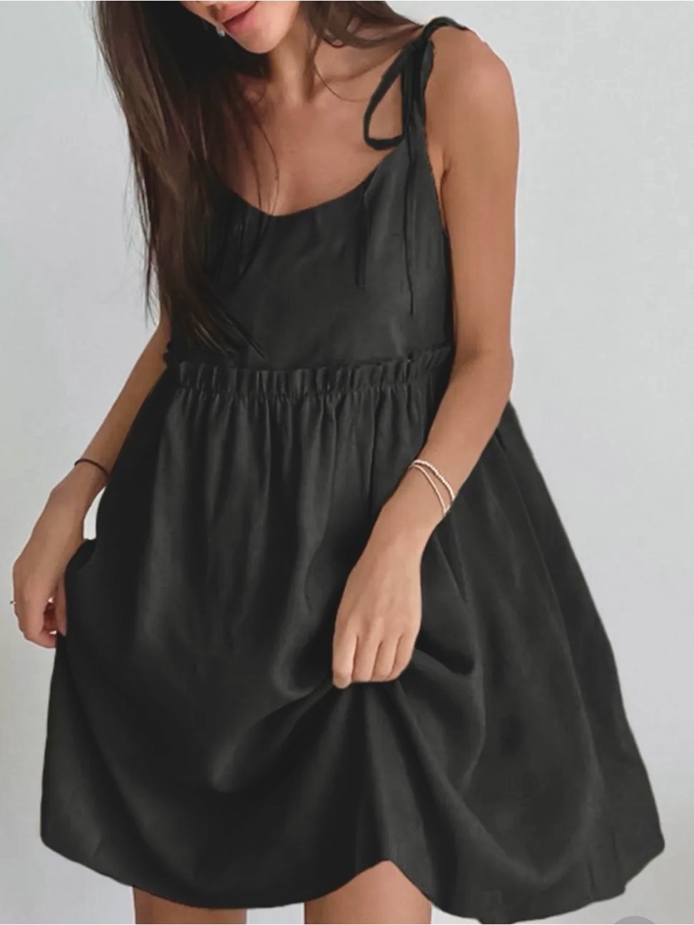 ♥️Hello Gorgeous!  COTTON Tie-Shoulder Frill Mini Sleeveless  Sundress - Black